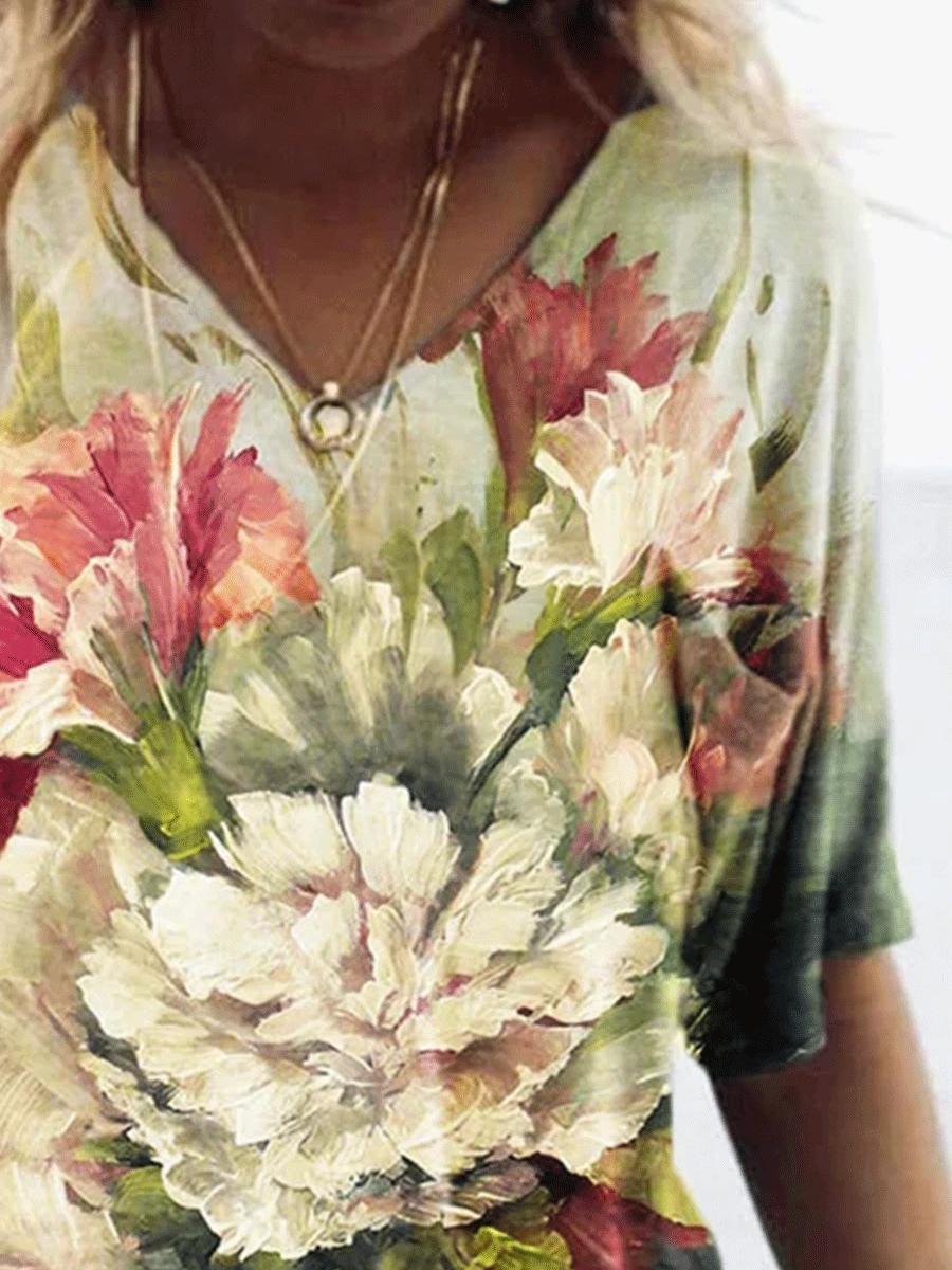 Flower Print V-neck Short-sleeved Loose T-shirt
