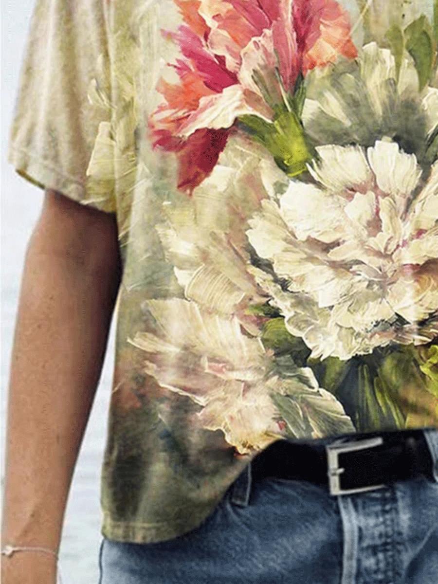 Flower Print V-neck Short-sleeved Loose T-shirt