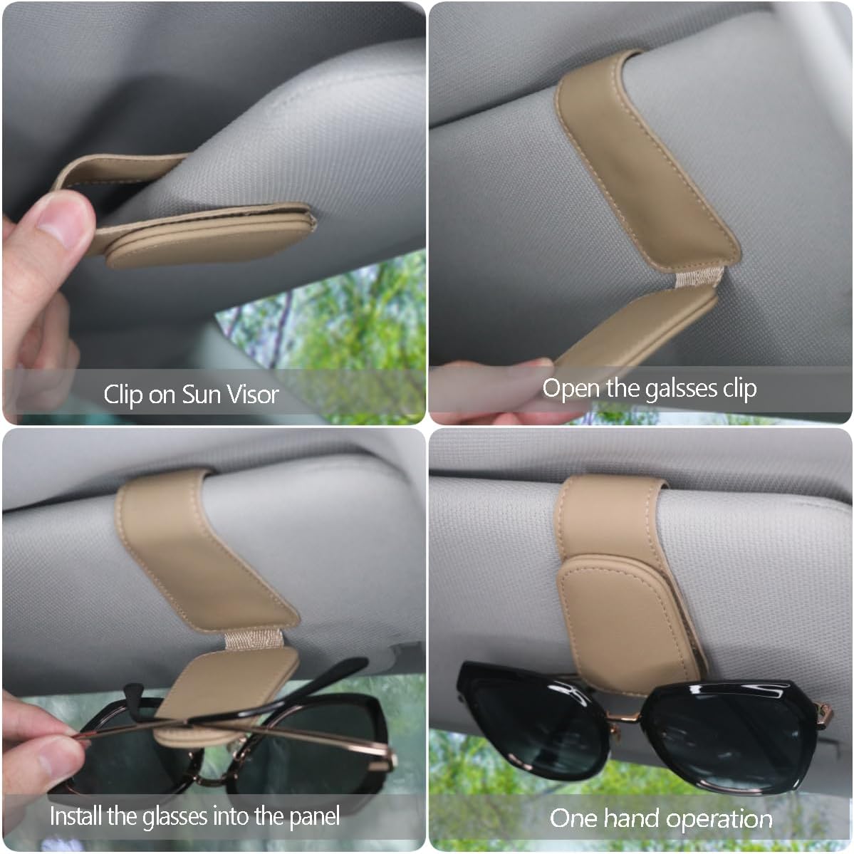 CHOSMOYI Magnetic Leather Sunglass Holder for Car, Sunglasses Clip for Car Visor, Auto Interior Accessories Universal for Different Size Eyeglasses (Beige)