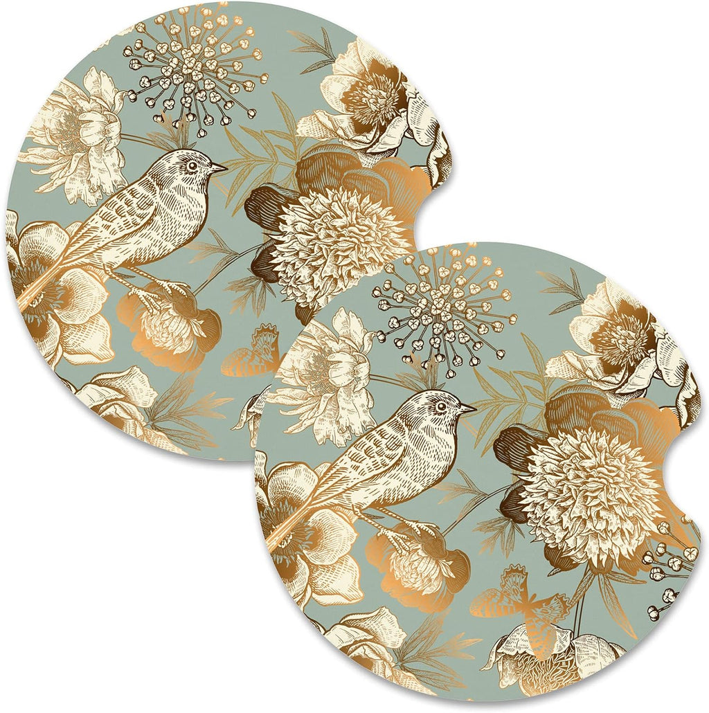 Nipichsha Car Cup Holder Coasters, Car Coasters for Cup Holders, 2 Pack Anti Slip Insert Coasters, Rubber Car Cup Mat with A Finger Notch, Cute Car Interior Accessories for Women Men(Birdsong Floral)