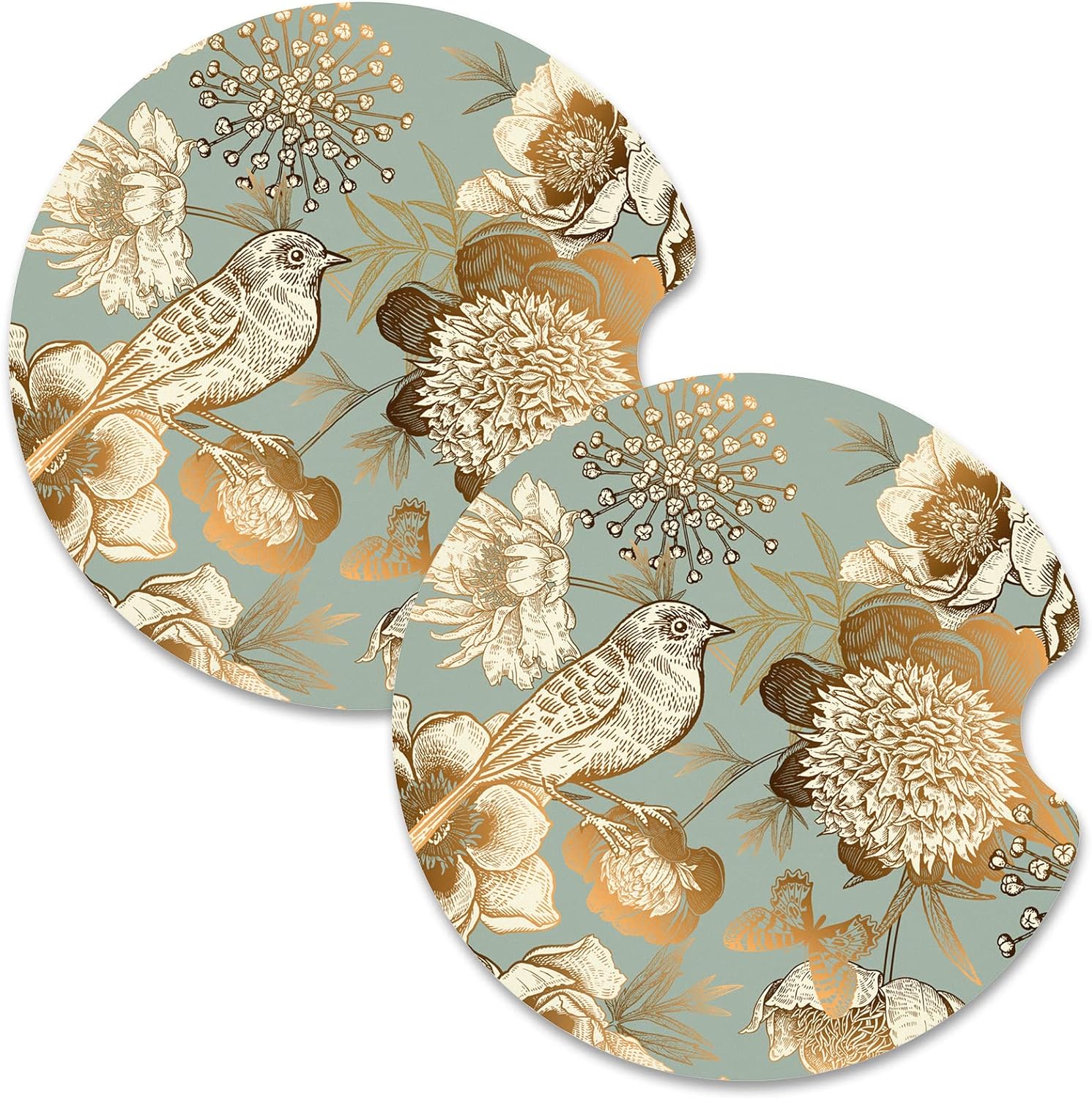 Nipichsha Car Cup Holder Coasters, Car Coasters for Cup Holders, 2 Pack Anti Slip Insert Coasters, Rubber Car Cup Mat with A Finger Notch, Cute Car Interior Accessories for Women Men(Birdsong Floral)