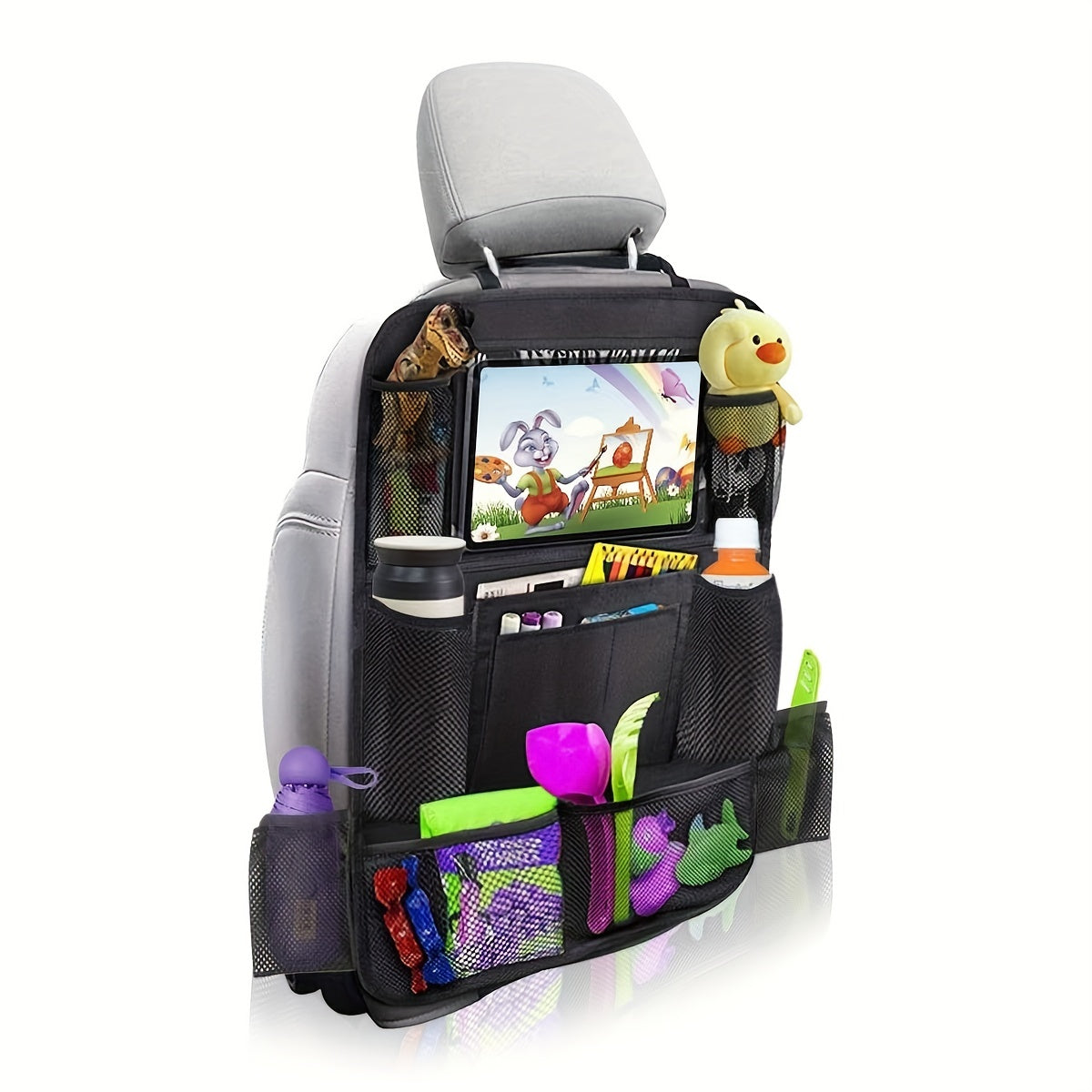 Car Seat Back StoraBag, Waterproof Durable Car Seat Organizer With Clear Screen Tablet Holder, 12 StoraPockets Seat Back Protectors