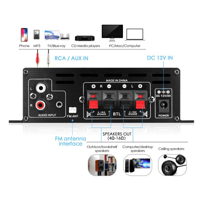 High Quality 1 Set 800W 2 Channel BT Mini HIFI Power Amplifier Audio Stereo Amp Home Car FM