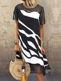 Ladies Round Neck Print Stitching Shift Dress
