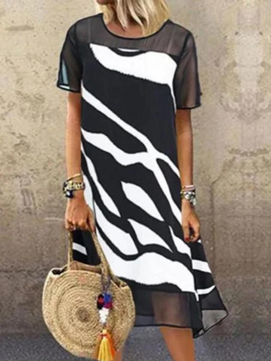 Ladies Round Neck Print Stitching Shift Dress