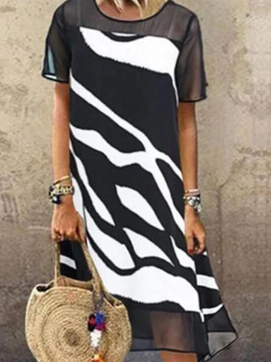 Ladies Round Neck Print Stitching Shift Dress