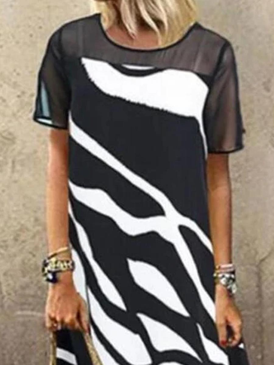 Ladies Round Neck Print Stitching Shift Dress