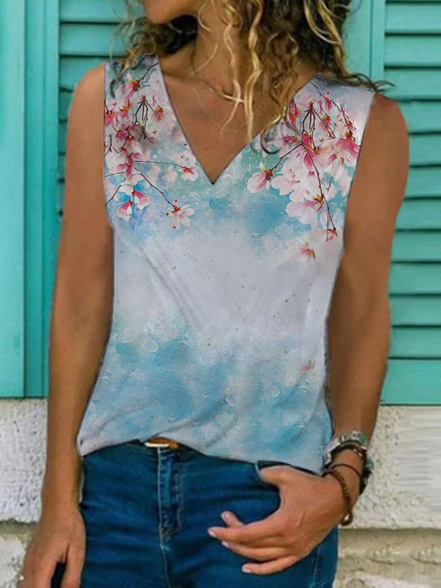 Casual V-neck Sleeveless Printed Top