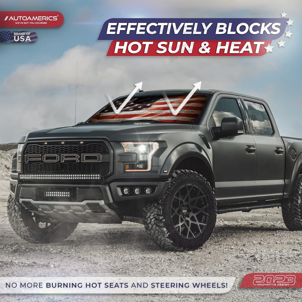 Autoamerics 1-Piece Windshield Sun Shade Grunge American Flag - 1 USA  - Foldable Car Front Window Sunshade for Most Sedans SUV Truck - Blocks Max UV Rays and Keeps Your Vehicle Cool - Small
