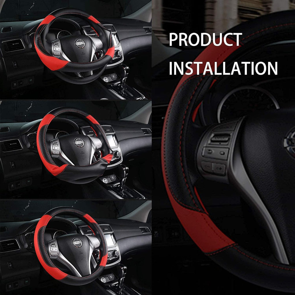 Leather Car Steering Wheel Cover, Non-Slip Car Wheel Cover Protector Breathable Microfiber Leather Universal Fit for Most Cars (Black &amp; Red)