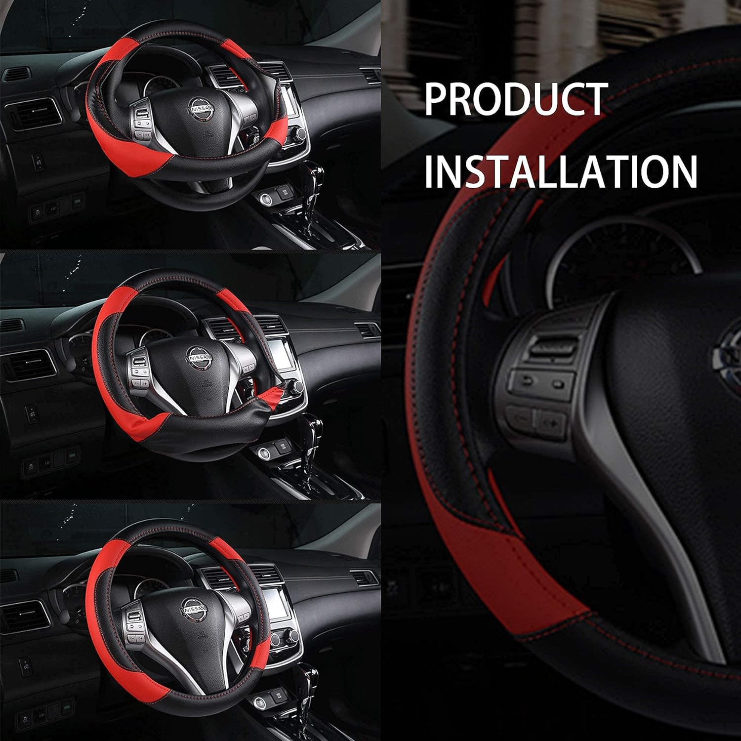 Leather Car Steering Wheel Cover, Non-Slip Car Wheel Cover Protector Breathable Microfiber Leather Universal Fit for Most Cars (Black &amp; Red)