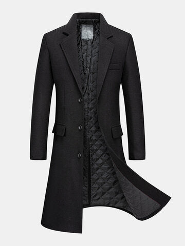 mens pure color lapel single breasted warm casual long woolen overcoats