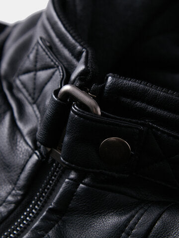 mens washed pu leather zip up pocket detachable hooded elastic hem thick jackets