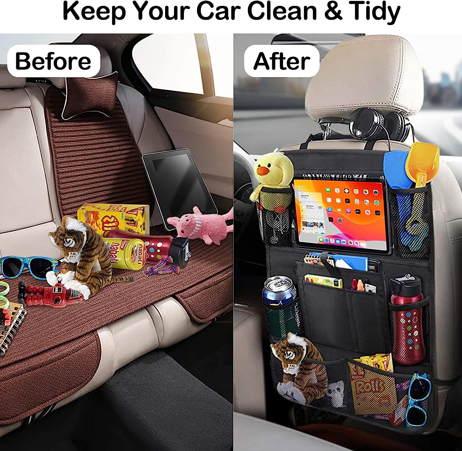 JUCAINHI Car Storage Organizer 2 PCS,Car Backseat Organizer for Kids Durable Waterproof Oxford Fabric with Touchable Tablet Holder 8 Mesh Pockets and 2 Pockets for Snacks Toys,Car Travel Accessories