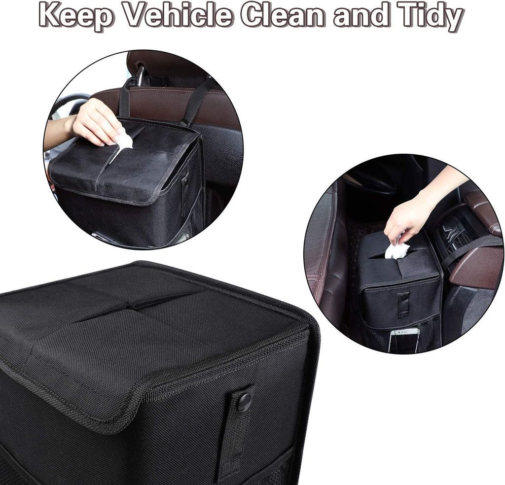 PowerTiger CAR ACCESSORIES Hanging Car Trash Can Bin - Car Garbage Cans Bag with Lid &amp; 3 Mesh Storage Pockets 2.64 Gallon