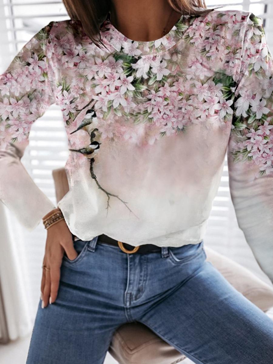 Women's Casual Round Neck Long Sleeve Flower Print Top