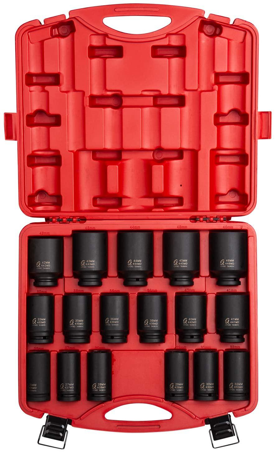 Sunex 4686, 3/4 Inch Drive Deep Impact Socket Set, 17-Piece, Metric, 26mm-44mm, Cr-Mo Alloy Steel, Radius Corner , Heavy Duty StoraCase