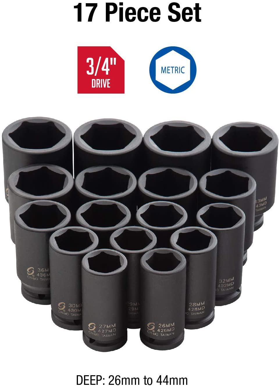 Sunex 4686, 3/4 Inch Drive Deep Impact Socket Set, 17-Piece, Metric, 26mm-44mm, Cr-Mo Alloy Steel, Radius Corner , Heavy Duty StoraCase