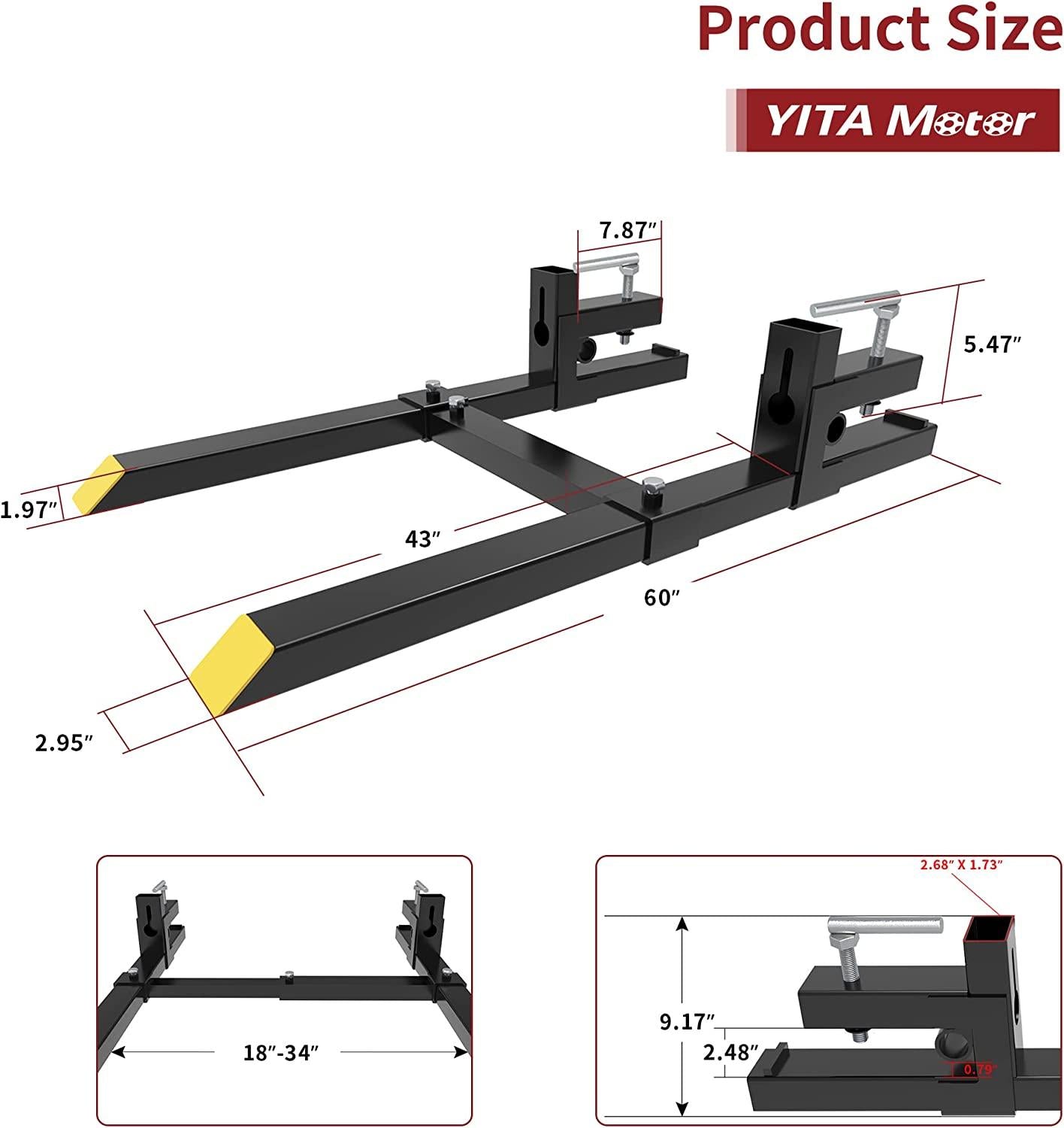 YITAMOTOR 60" Clamp on Pallet Forks 43" 1500LBS Light Duty Forks for Tractor Loader Bucket with Adjustable Stabilizer Bar