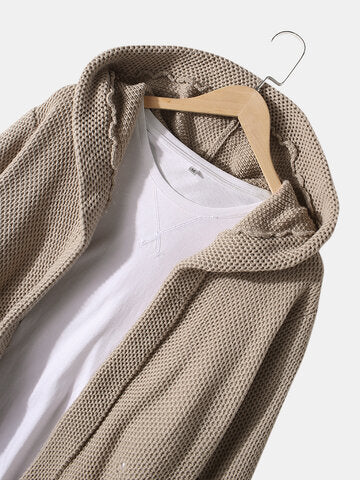 mens solid color knitted casual mid-length ripped loose sweater hooded cardigan