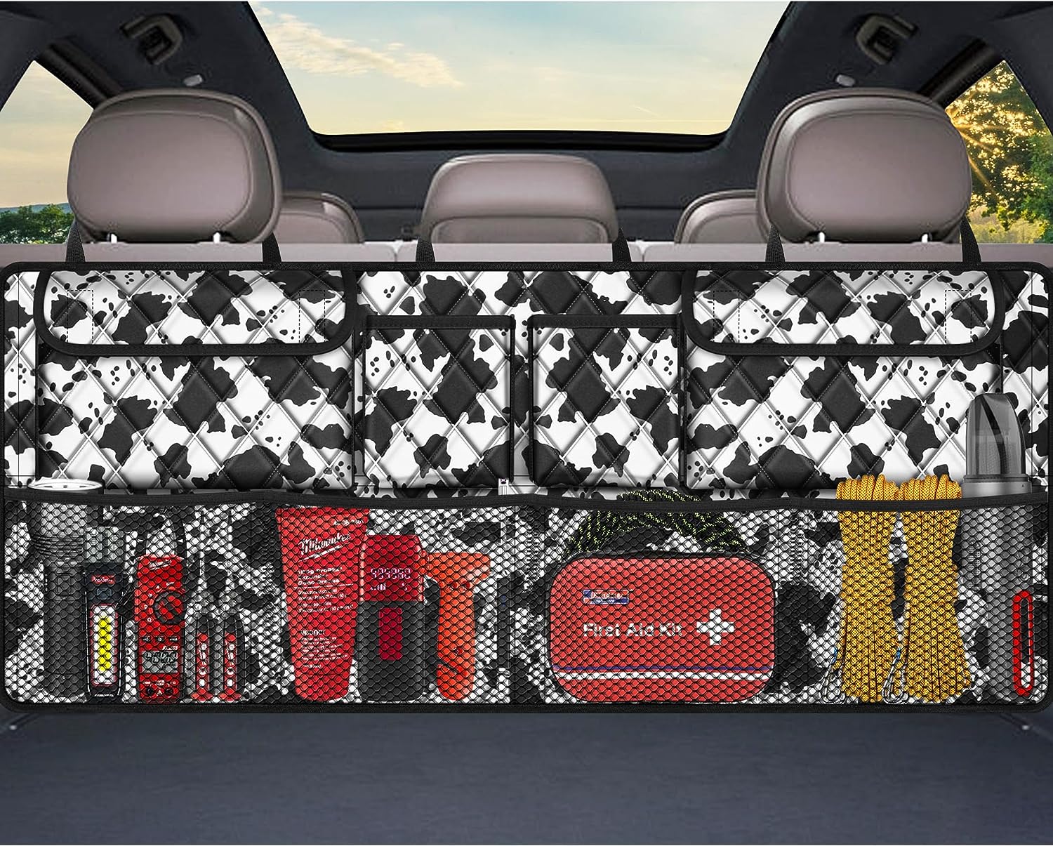 Femuar Car Trunk Organizer,Large Capacity Backseat Trunk Organizer(42"*18"),Collapsible Car Storage Bag with 8 Pocekt,Car Organizer for SUV/MPV/Truck - Cow print