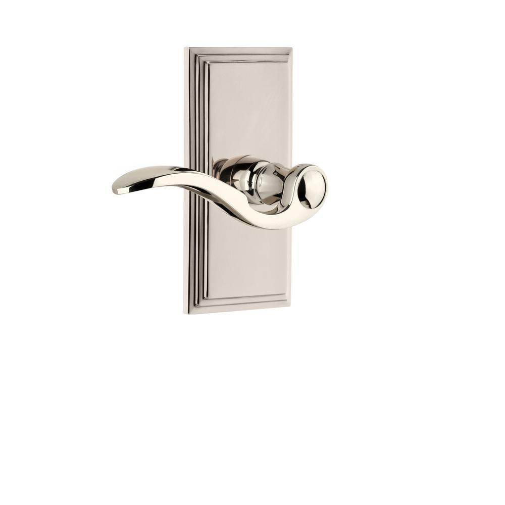 Carre Plate 2-3/8 in. Backset Polished Nickel Privacy Bed/Bath with Bellagio Door Lever - Right Handed