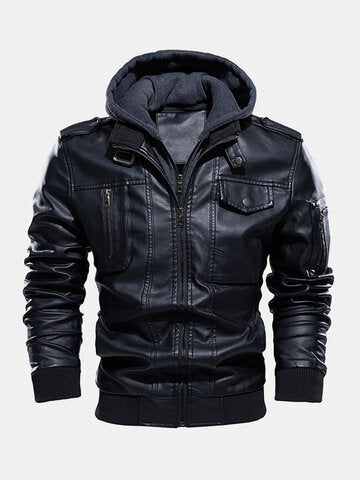 mens washed pu leather zip up pocket detachable hooded elastic hem thick jackets
