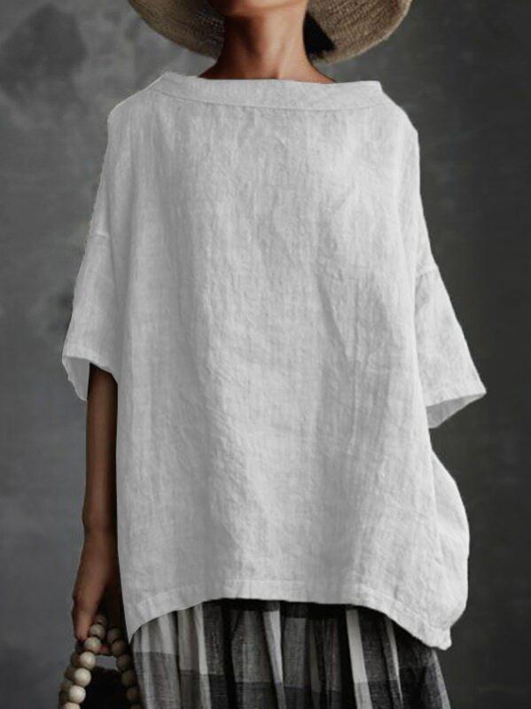 Cotton and linen solid color loose womens T-shirt