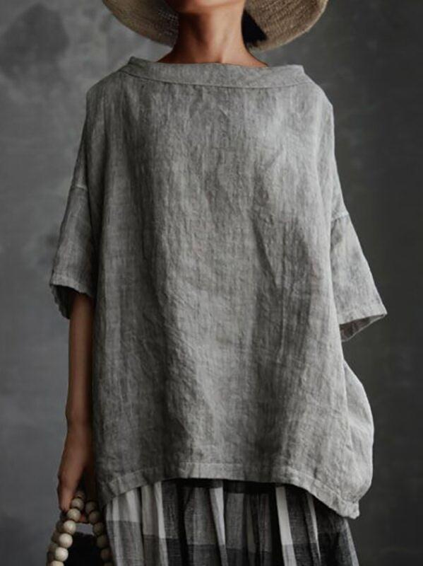 Cotton and linen solid color loose womens T-shirt