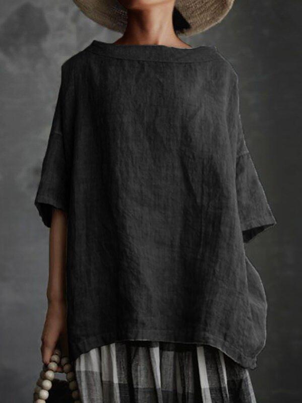 Cotton and linen solid color loose womens T-shirt