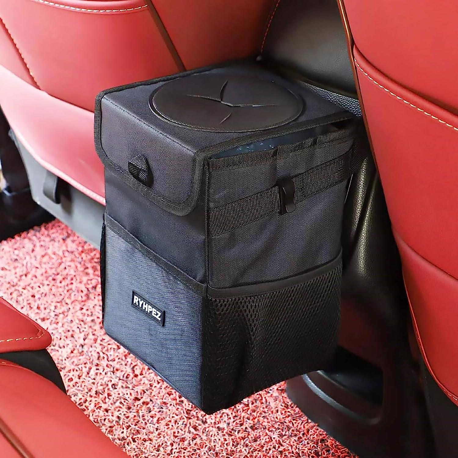 Ryhpez Car Trash Can with Lid - Car Trash Bag Hanging with Storage Pockets Collapsible and Portable Car Garbage Bin
