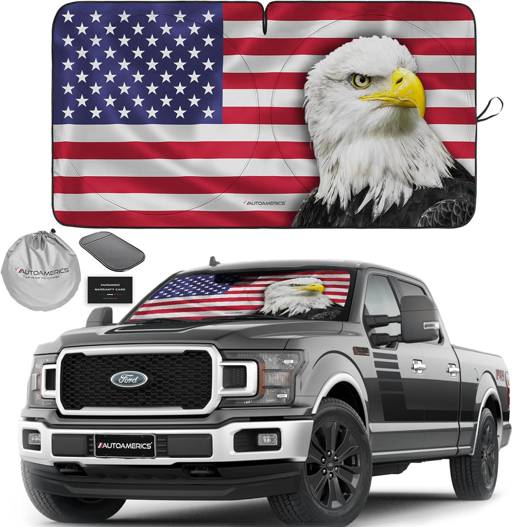 Autoamerics 1-Piece Windshield Sun Shade American Eagle Flag USA Patriotic  - Foldable Car Front Window Sunshade for Sedans SUV Truck - Blocks Max UV Rays and Keeps Your Vehicle Cool X-Large