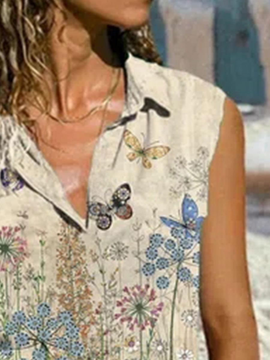 Casual Flower Butterfly Print Lapel Blouse