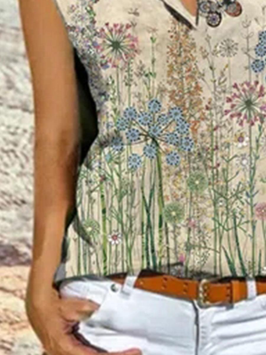 Casual Flower Butterfly Print Lapel Blouse