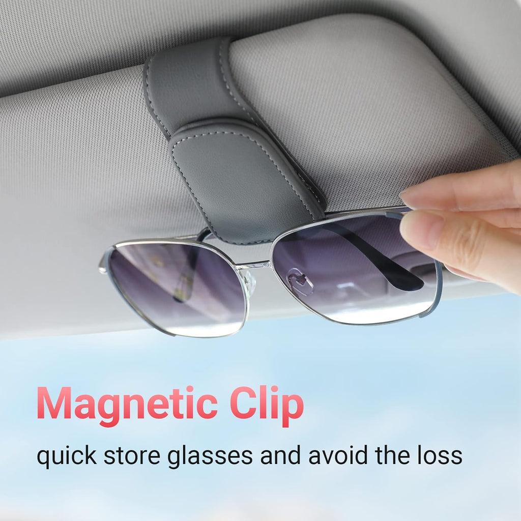 Sunglass Holder for Car Visor Sunglasses Clip Magnetic Leather Glasses Eyeglass Holder Interior Car Accessories for Woman Man - 2 Packs Gray