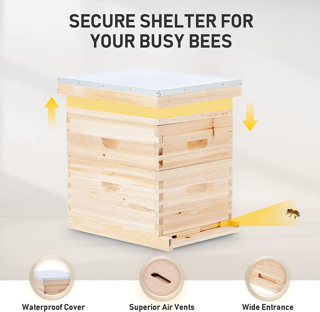 CREWORKS Bee Hive, Beehive Bee Box with 10 Medium &10 Deep Honeycomb Foundation Frames, Bee Keeping Supplies Starter Kit for Beginners, 2 Layer Langstroth Beehive Honey Bee House Bee Hives