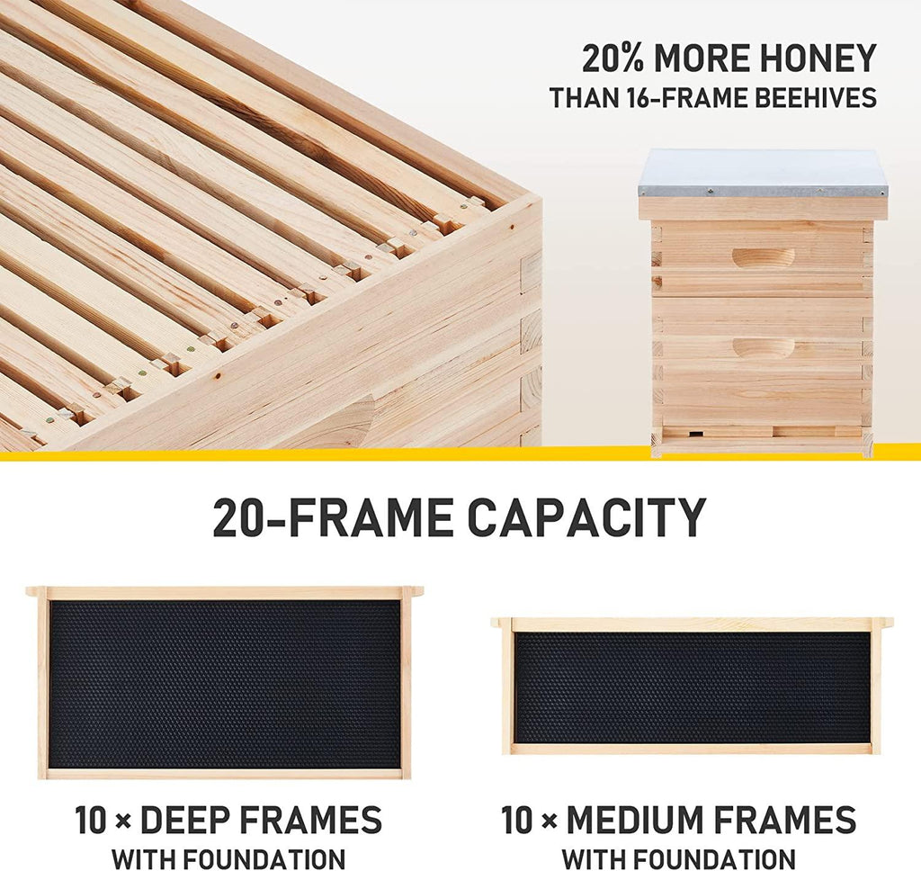 CREWORKS Bee Hive, Beehive Bee Box with 10 Medium &10 Deep Honeycomb Foundation Frames, Bee Keeping Supplies Starter Kit for Beginners, 2 Layer Langstroth Beehive Honey Bee House Bee Hives