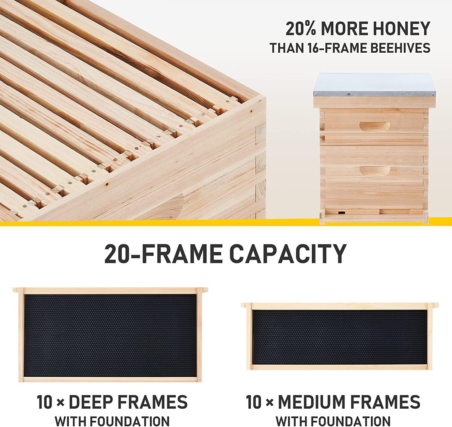 CREWORKS Bee Hive, Beehive Bee Box with 10 Medium &10 Deep Honeycomb Foundation Frames, Bee Keeping Supplies Starter Kit for Beginners, 2 Layer Langstroth Beehive Honey Bee House Bee Hives