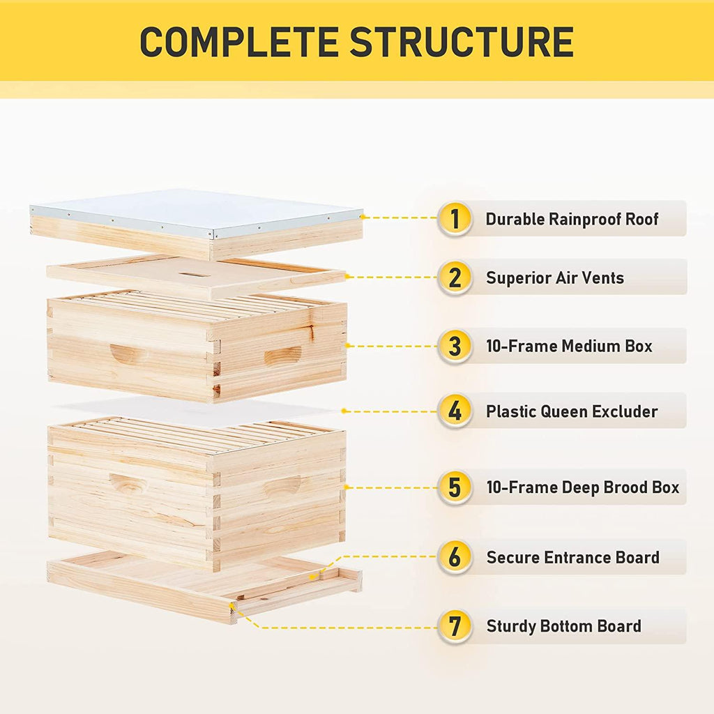 CREWORKS Bee Hive, Beehive Bee Box with 10 Medium &10 Deep Honeycomb Foundation Frames, Bee Keeping Supplies Starter Kit for Beginners, 2 Layer Langstroth Beehive Honey Bee House Bee Hives