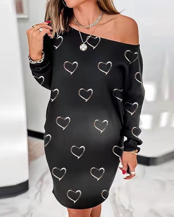 love print round neck long sleeve loose dress