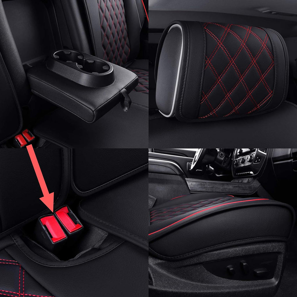 Aierxuan Seat Covers for Cars Full Set Chevy Silverado GMC Sierra Trail Boss Z71 Pickup 2007-2024 1500 2500HD 3500HD Crew Double Extended Cab Waterproof Leather (Full Set, Black-Red)
