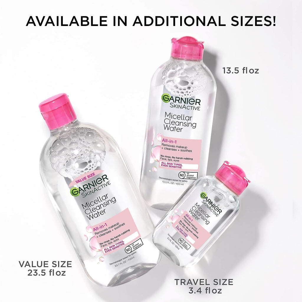 Garnier SkinActive Micellar Cleansing Water, All-in-1 Makeup Remover and Facial Cleanser, For All Skin Types, 3.4 Fl Oz (100mL), 1 Count (Packaging May Vary)