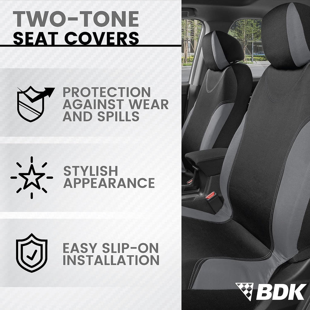 BDK UltraSleek Gray Seat Covers for Cars Full Set, Two-Tone Front Seat Covers with Matching Back Seat Cover, Stylish Car Seat Protectors with Split Bench , Automotive Interior Covers