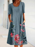 Flower Print Round Neck Short Sleeve Casual Maxi Dress