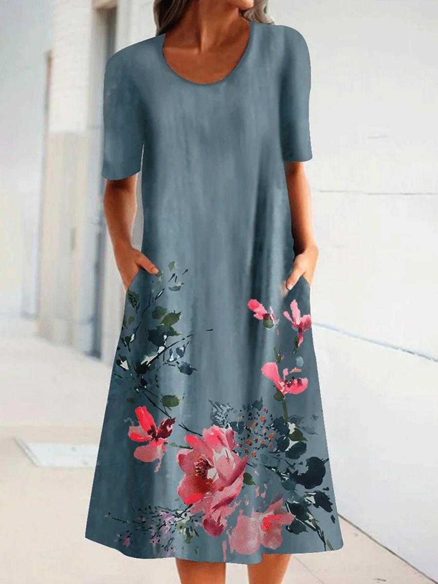 Flower Print Round Neck Short Sleeve Casual Maxi Dress