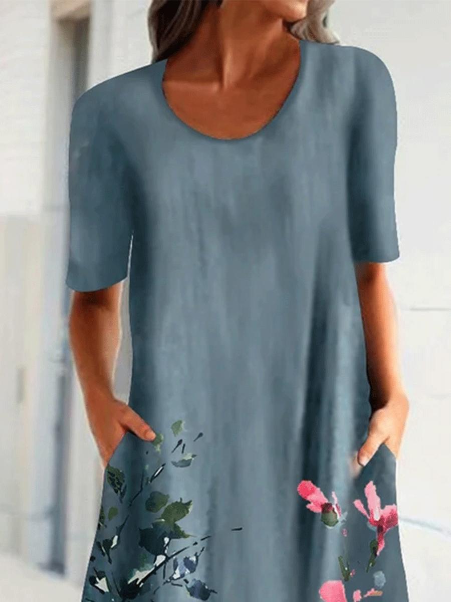 Flower Print Round Neck Short Sleeve Casual Maxi Dress