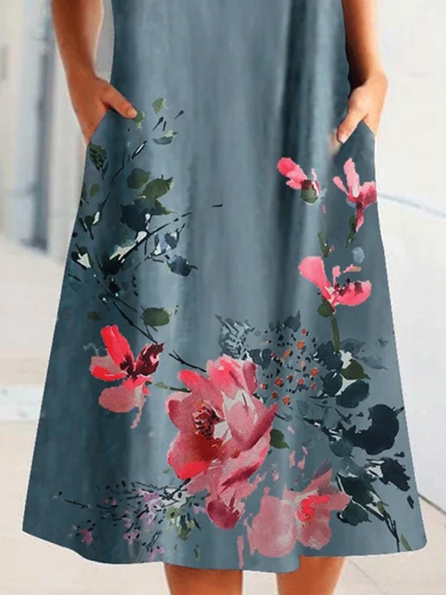 Flower Print Round Neck Short Sleeve Casual Maxi Dress
