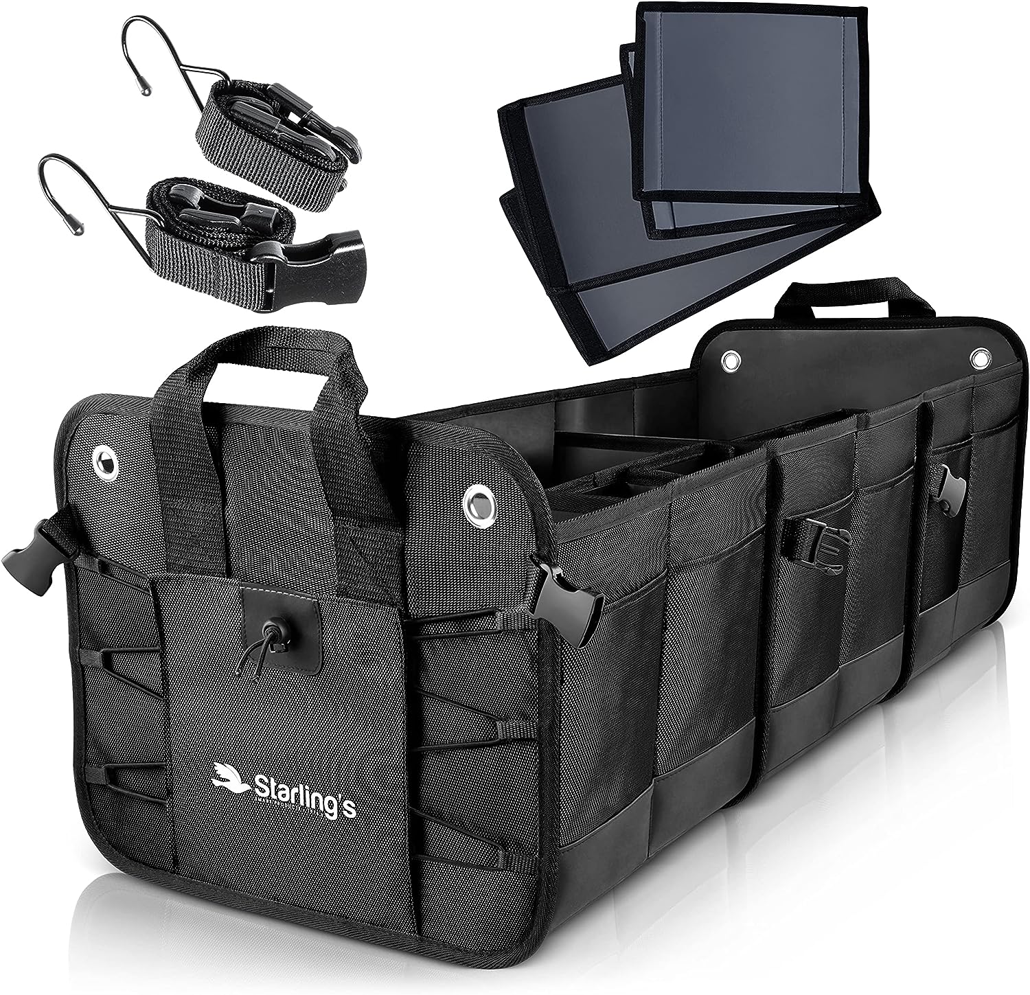 Starling's Car Trunk Organizer - Durable Storage SUV Cargo Organizer Adjustable (Black, 3 Compartments)