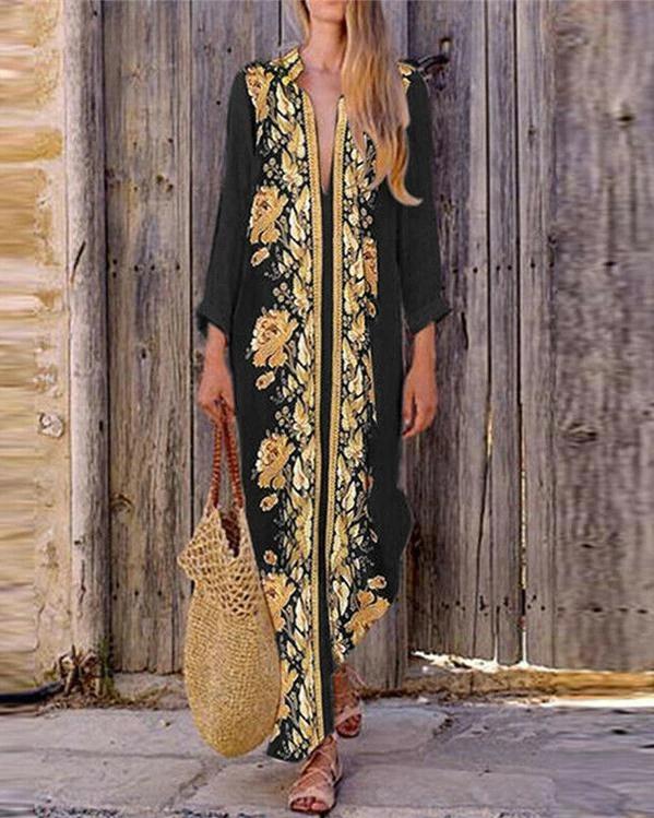 Cime style V-neck flower print holiday maxi dress