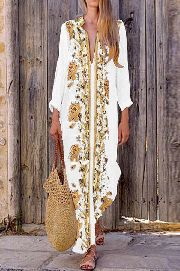 Cime style V-neck flower print holiday maxi dress